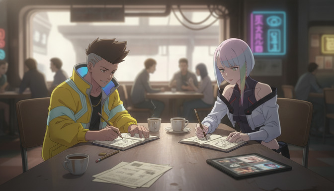 Two anime characters sitting across from each other in a neon-lit cafe, each sketching in a notebook with a tablet nearby, deep in creative planning