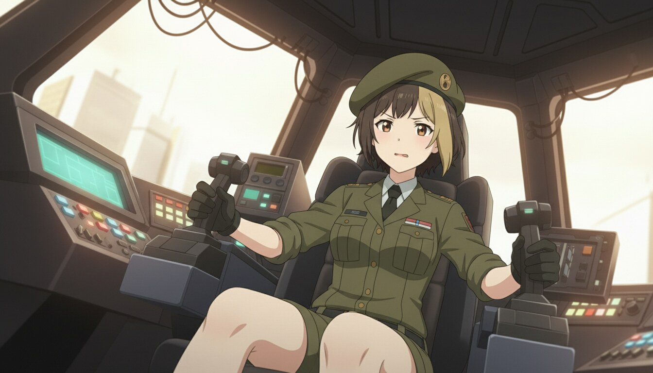 Anime pilot in mech cockpit gripping controls with city visible through the canopy