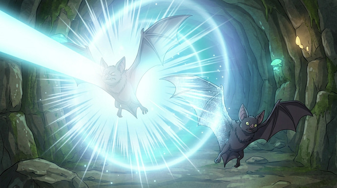 박쥐 적에 마법 빔이 맞는 클로즈업