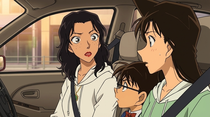 Three anime characters inside a car with wide-eyed, open-mouthed expressions of shock and surprise, rendered in a detailed classic mystery anime style