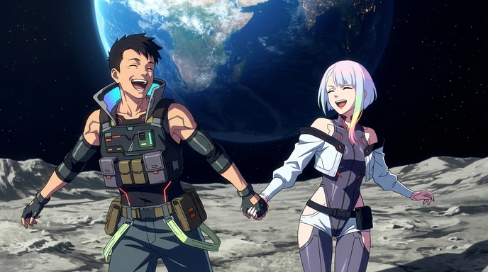 Two anime characters in tactical gear standing on the moon's surface, laughing together with arms out to their sides, Earth visible in the background against a star-filled space sky