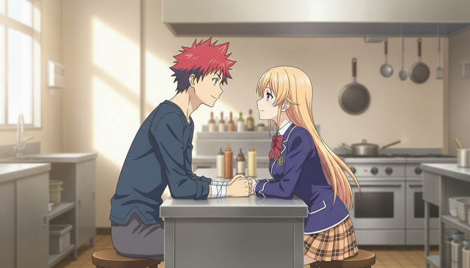 Two anime characters sitting across from each other at a kitchen counter, leaning slightly toward each other with a quiet romantic tension, one with red spiky hair and one with long blonde hair, warm natural light from a window behind them