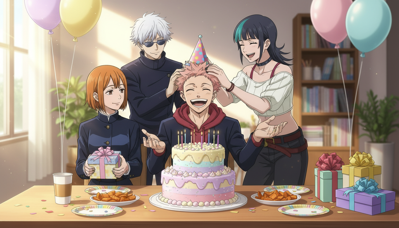 Anime characters celebrating a birthday together with a layered cake, balloons, and wrapped presents at a table — a scene generated with an AI anime generator as a personalized gift