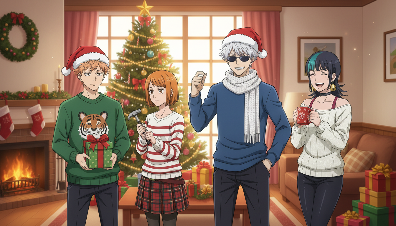 Anime characters standing together in an indoor Christmas scene with a decorated tree, wrapped presents, and a fireplace — a holiday anime gift created with an AI anime generator