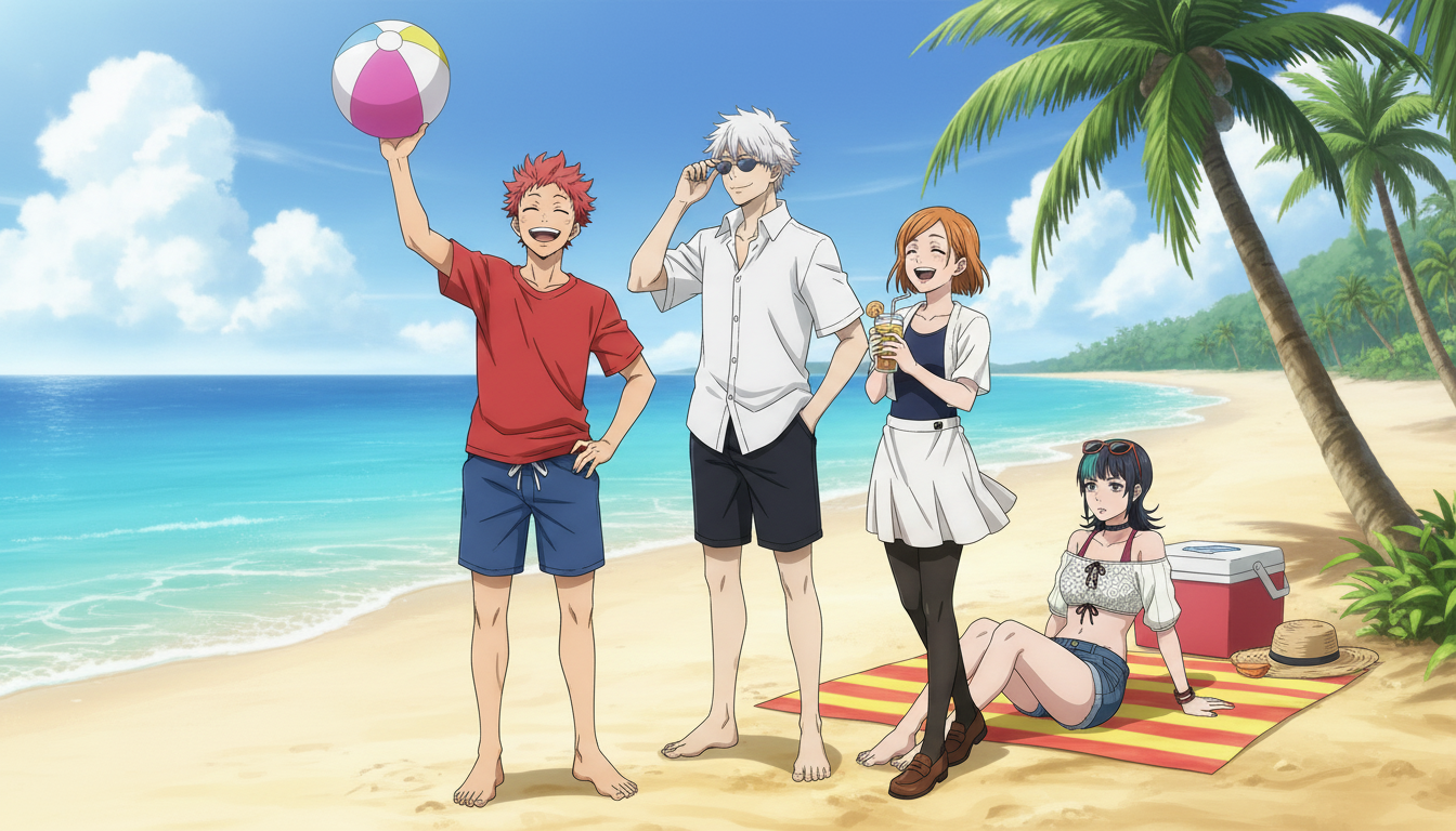 Anime characters at a beach in a summer OVA scene — one character holding a beach ball, others relaxing on a striped blanket with palm trees and ocean in the background, showing how an AI anime generator can create a personalized gift for any occasion