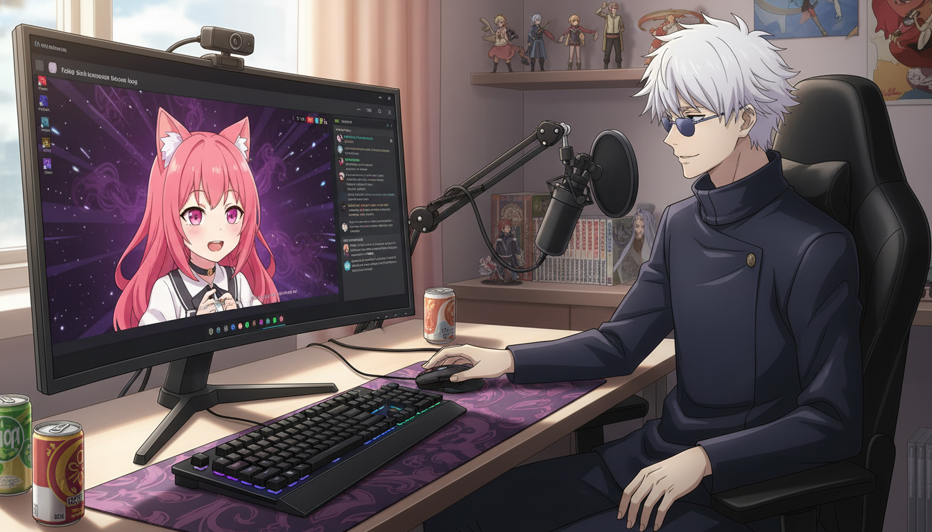 An anime content creator at their desk with a microphone and keyboard, watching a pink-haired anime vtuber character on their monitor with Discord visible in the background