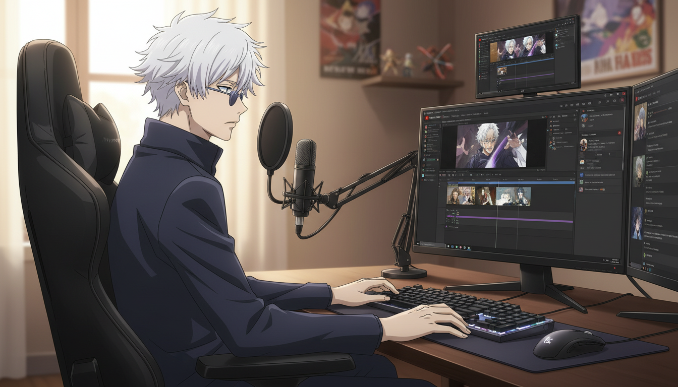An anime character with white hair and sunglasses presenting an Anime YouTube Upload Workflow diagram on a whiteboard, showing the steps from concept and script through storyboard, animation, background art, voice acting, editing, and YouTube upload with thumbnail and tags