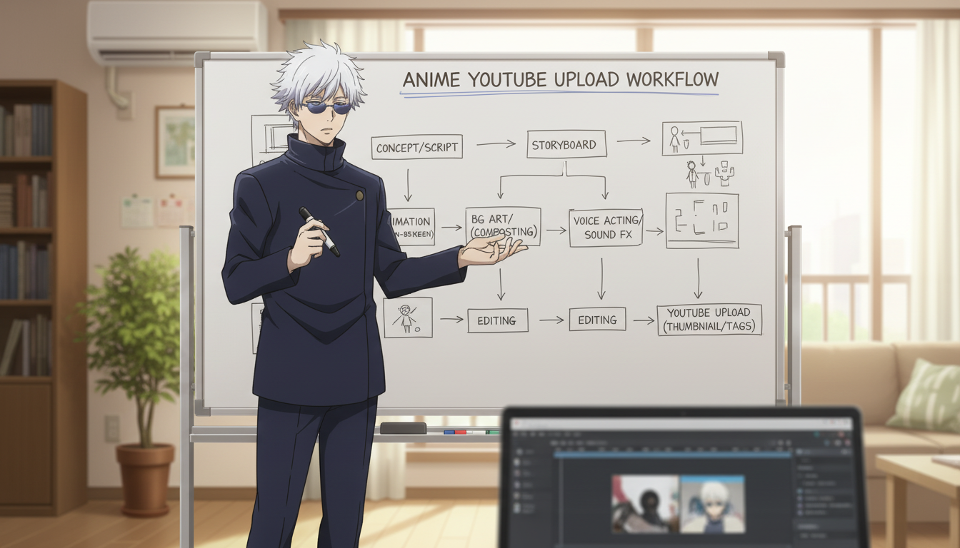 An anime character with white hair at a triple-monitor desk setup, editing anime video content with YouTube Studio and video editing software visible on the screens