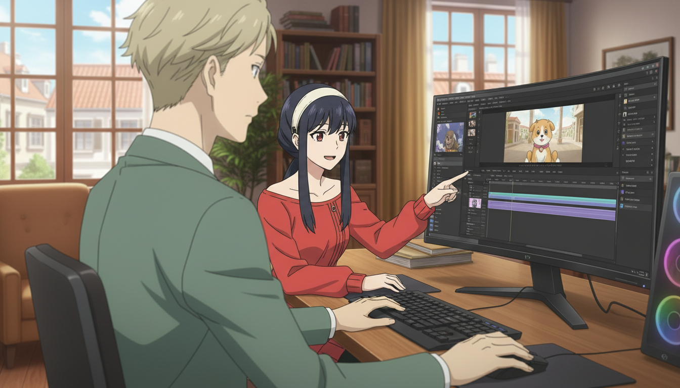 Two anime characters sitting across from each other at a cafe table with coffee, croissants, sketch papers, and a phone — creating anime content without drawing skills