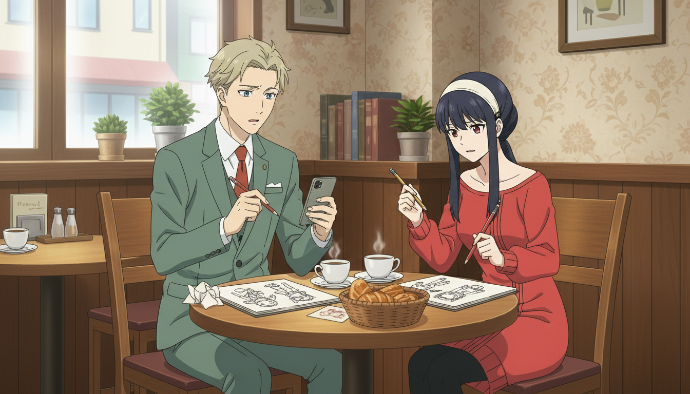 Anime girl with dark hair pointing at a desktop monitor showing a video editing timeline with an anime dog character walking in a town scene, demonstrating AI anime video generation