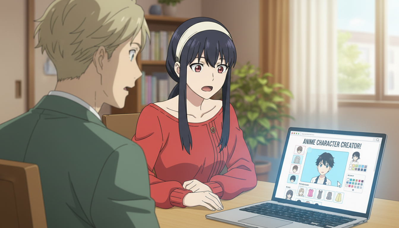 Anime girl in a red sweater showing a laptop screen displaying an Anime Character Creator interface with character customization options to a blonde anime guy