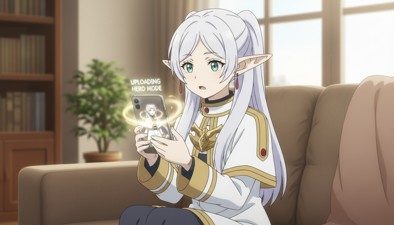 An anime elf girl sitting on a couch holding a phone displaying the words 'Uploading Hero Mode' with a glowing aura