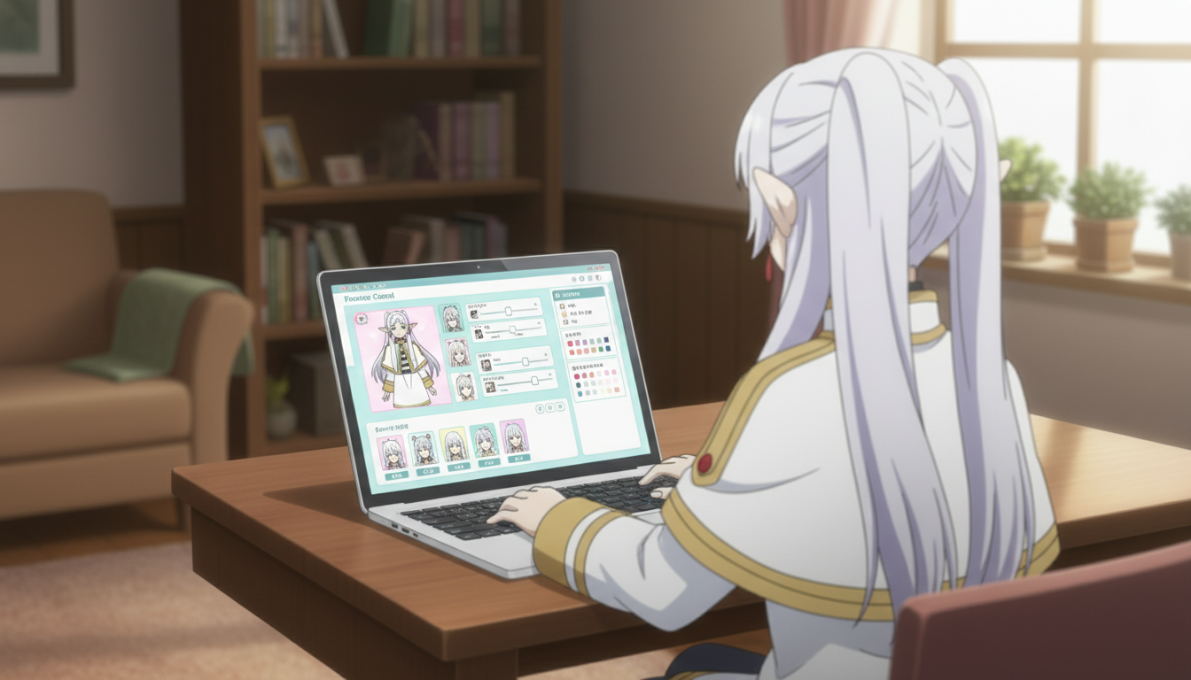 An anime elf girl at a laptop with a character customization panel open, showing hair style options, color swatches, and pose selections