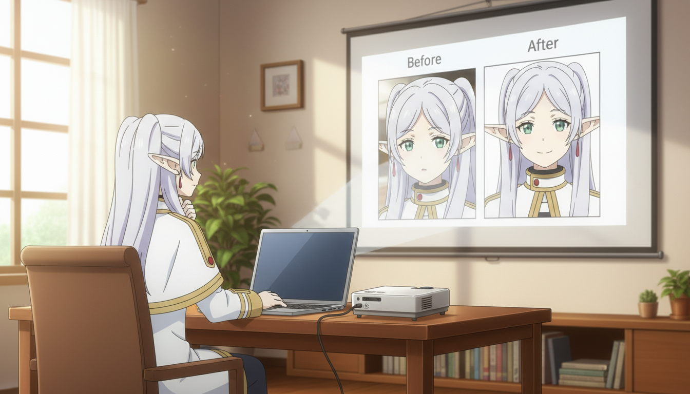 An anime elf girl sitting at a desk with a laptop, looking at a projector screen showing a before and after comparison of an anime photo conversion