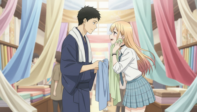 Two anime characters standing close together in a fabric shop, soft warm natural light filtering through the space, the scene carrying a gentle romantic tension