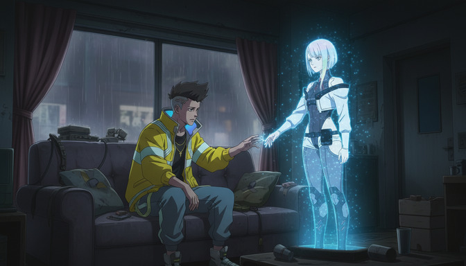 A young anime man in a yellow jacket sitting on a couch reaching toward a glowing holographic female figure, rain falling outside the dark window, the room lit by the blue-white glow of the hologram