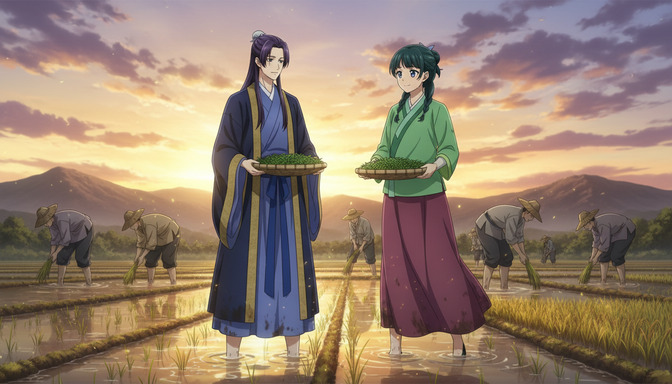 Two anime characters standing in a flooded rice paddy at sunset, holding trays of seedlings, farm workers visible in the background, the sky a deep amber and violet at golden hour