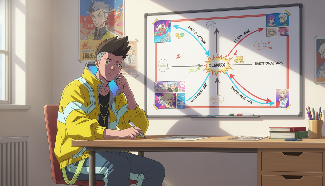An anime character with spiky hair sitting at a desk, studying a whiteboard covered in story arc diagrams labeled 'Rising Action,' 'Climax,' 'Emotional Arc,' and 'Survival Arc'
