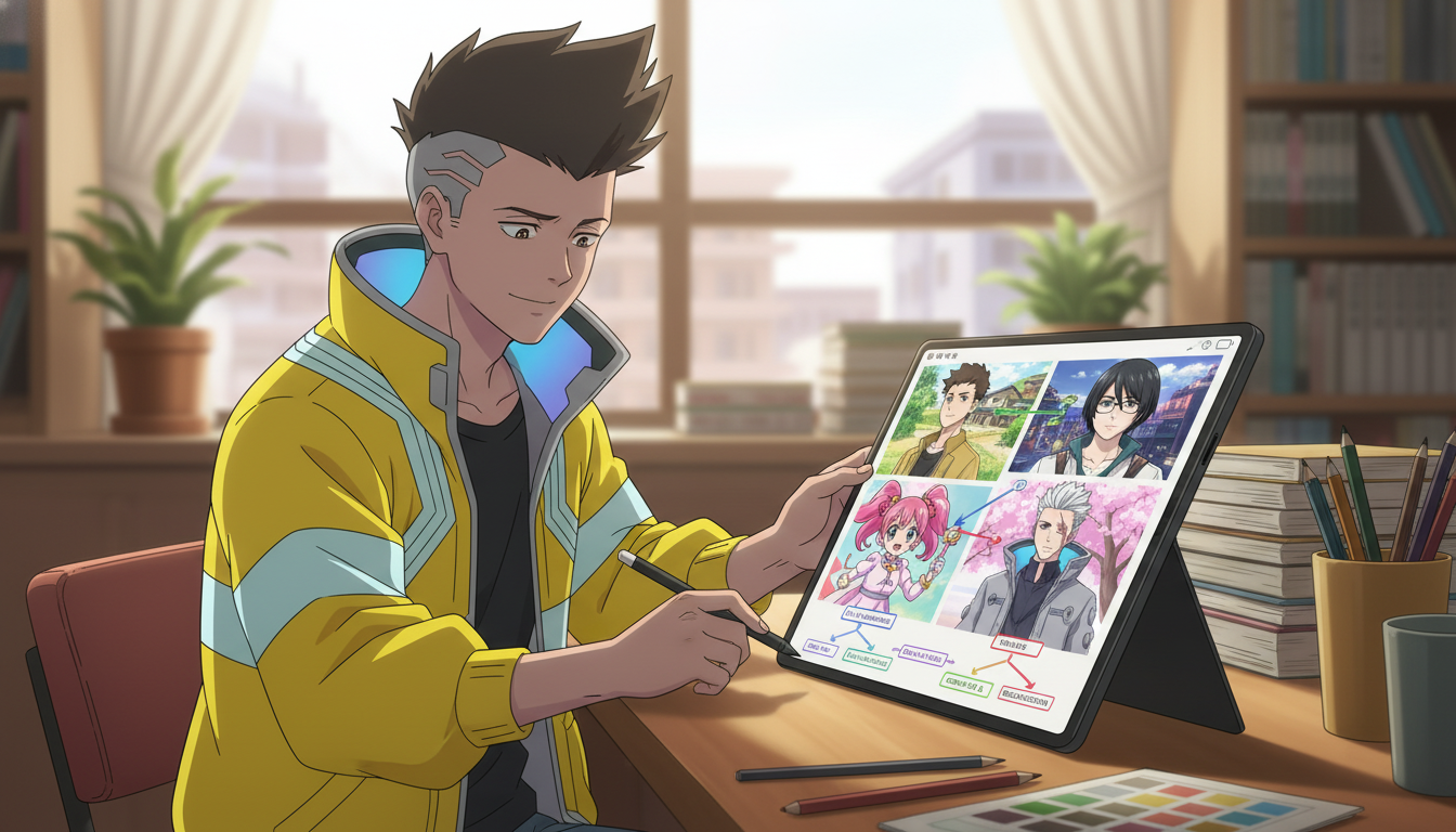 An anime character in a yellow jacket pointing at a whiteboard labeled 'Series Title: Chronicles of Echoes' with three arcs — Awakening, Ascension, and Convergence — each broken into episode beats