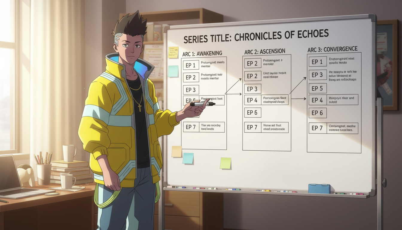An anime character in a yellow jacket smiling while using a tablet showing an anime character creator with four characters displayed alongside a web of story connections