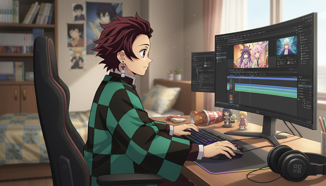 An anime character in a checkered green jacket editing anime video footage on a dual-monitor setup with video editing software open, anime figures and headphones on the desk
