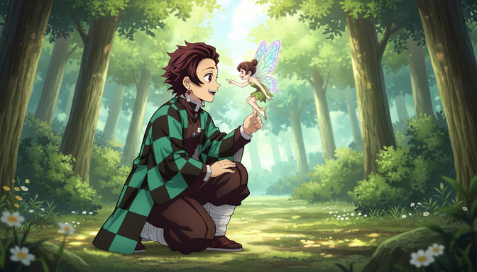An anime character in a checkered green jacket crouching in a sunlit magical forest, reaching out to a tiny fairy with glowing wings perched on their fingertip — a generated anime video scene showing nature and wonder