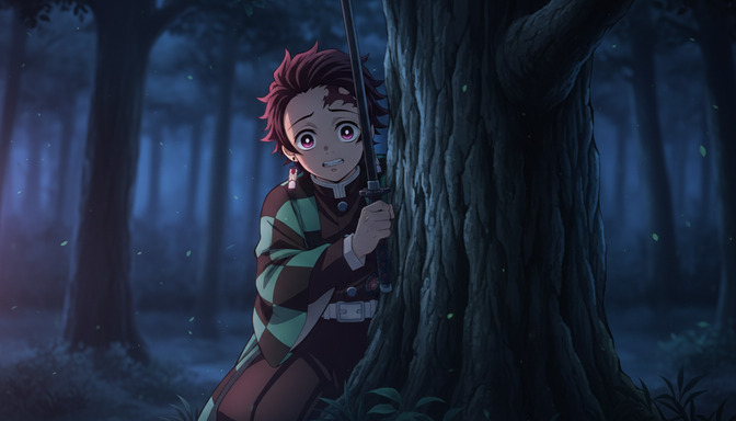 An anime character in a checkered green jacket hiding behind a large tree in a dark, atmospheric forest at night, gripping a sword with wide alert eyes — a generated anime tension scene