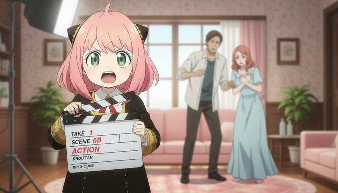 Young anime girl in a black outfit holding a film clapperboard that reads 'Take 1, Scene 5B, Action' with surprised anime adults in the background of a pink living room set