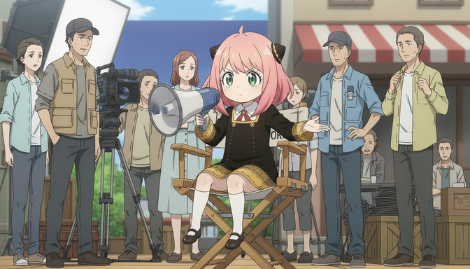 Young anime girl director sitting in a director's chair holding a megaphone, surrounded by a film crew with cameras and equipment on an outdoor set