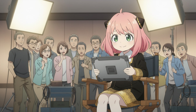 Young anime girl director sitting in a director's chair holding a tablet showing results, surrounded by an amazed film crew in a studio with bright overhead lighting