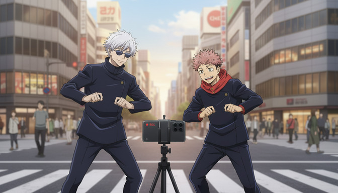 Two anime characters in dark blue uniforms dancing in front of a camera on a tripod in a busy Shibuya-style crosswalk, one with white hair and sunglasses, one with pink spiky hair and a red scarf