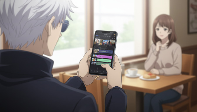 Anime character with white hair looking at a smartphone displaying a colorful video timeline editing interface, seated across from a brown-haired girl in a warmly lit cafe