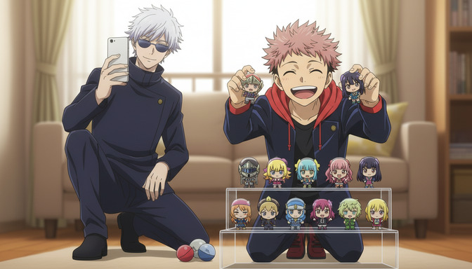 Two anime characters in matching dark outfits showing miniature chibi anime figurines to each other in a warmly lit living room, a display case of colorful figures between them