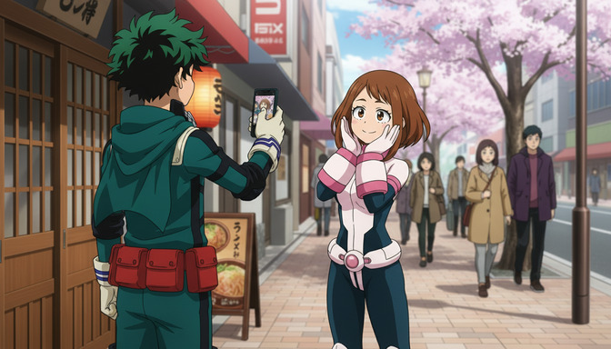 An anime boy photographing an anime girl on a cherry blossom street, capturing the photo-to-anime conversion moment