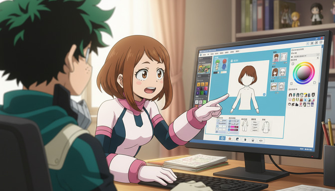 An anime girl at a computer pointing at a character customization screen showing outfit and appearance options for her saved anime character