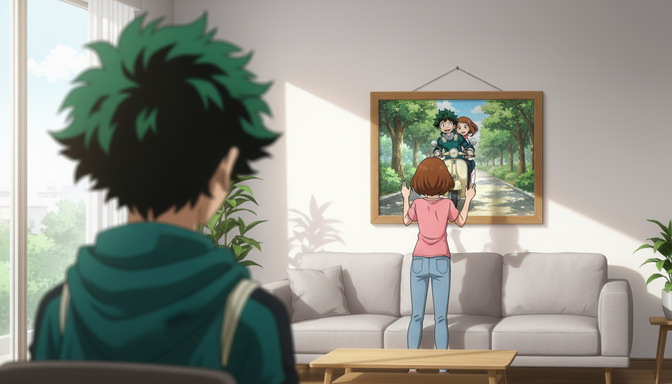An anime character viewing a framed artwork of themselves in an anime scene hung on a living room wall, showing a completed anime image created from a photo