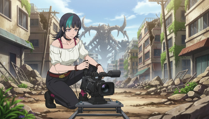 Anime girl with teal-streaked hair operating a professional camera on a dolly track in a ruined city street, a massive monster looming in the background