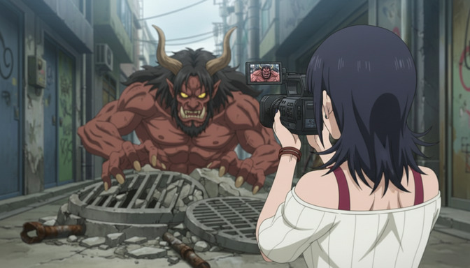 Anime girl filming a large red-skinned demon emerging from a sewer grate in a narrow alley, the camera's monitor showing the demon's face up close