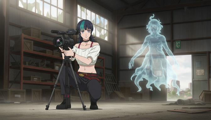 Anime girl with teal-highlighted hair operating a camera on a tripod inside a large warehouse, a translucent ghost figure floating behind her near the doorway