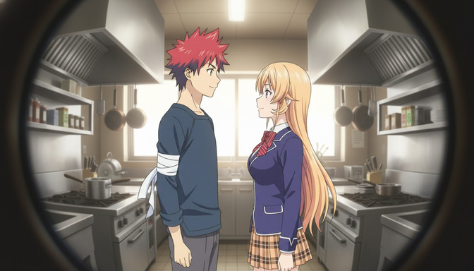 Two anime characters facing each other in a kitchen, seen through a fish-eye lens that creates a circular vignette and wide-angle distortion, soft backlighting from a window behind them