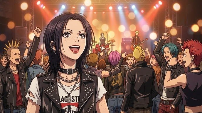 Punk anime girl at a rock concert in the foreground, sharp and detailed, stage lights behind her creating heavy bloom and bokeh while the energetic crowd fills the midground