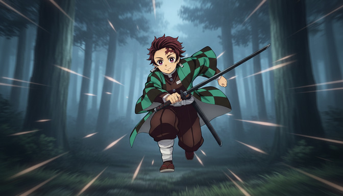 A Demon Slayer-style anime character sprinting through a dark forest with radial speed lines and zoom blur radiating from the center, motion trails on the figure creating a sense of explosive forward momentum