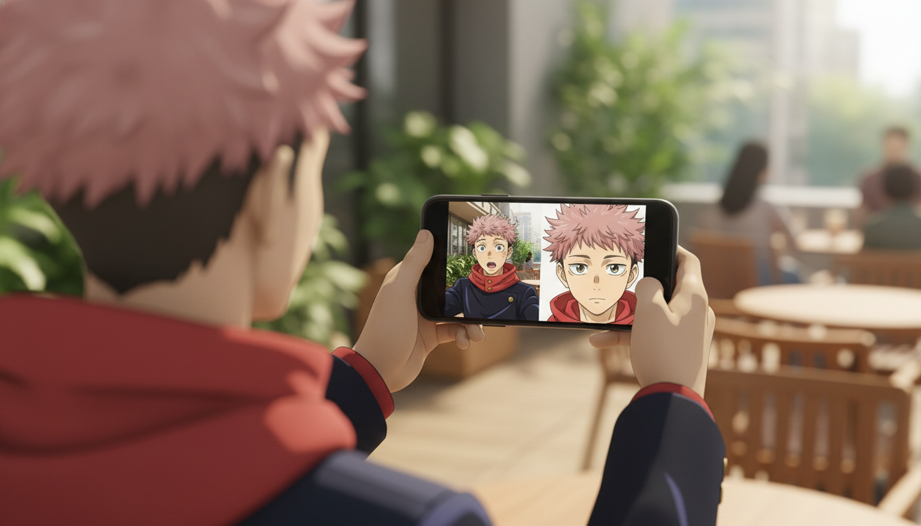 An anime character holding up a phone showing a side-by-side comparison of their real photo selfie and the anime version on the screen