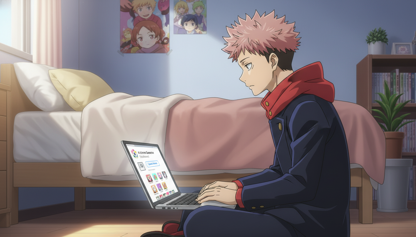 An anime character sitting on the floor with a laptop, browsing an anime generator website with character thumbnails visible on the screen