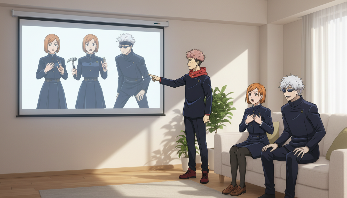 Anime characters from Jujutsu Kaisen viewing a projector screen showing a before-and-after photo-to-anime conversion side by side