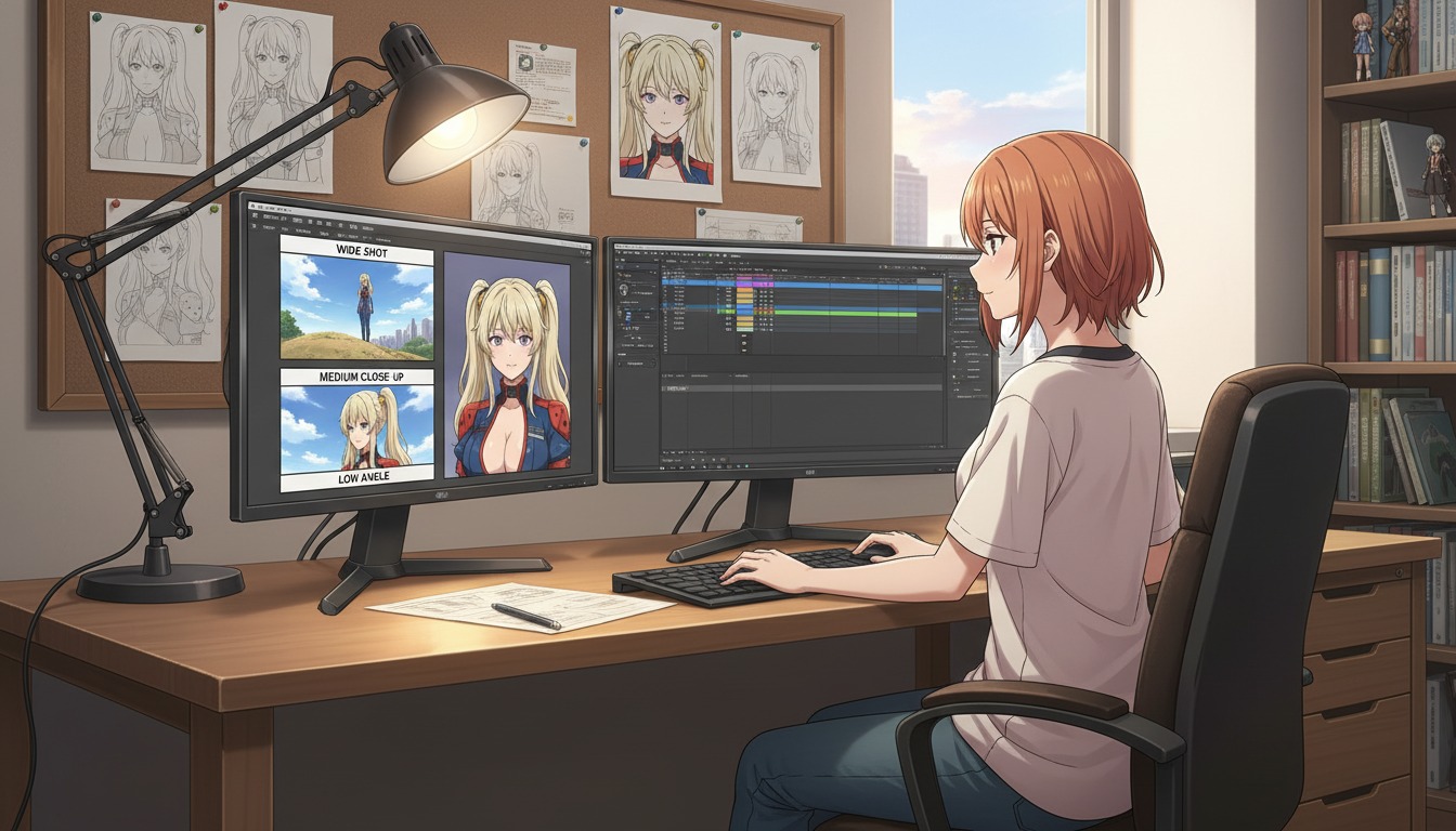 Anime video creator at a desk with storyboard panels labeled wide shot, medium close-up, and low angle beside monitors showing matching framed anime stills