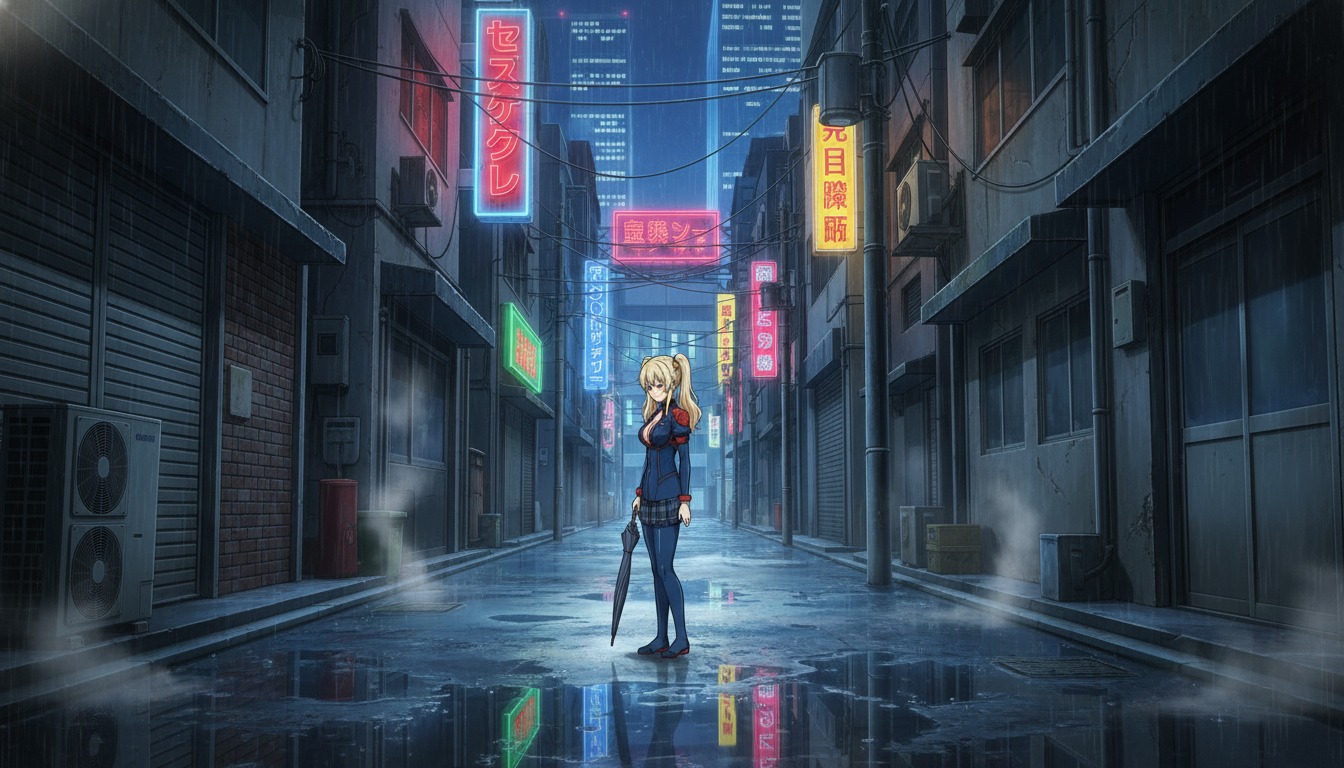 Anime heroine in a rain-soaked city alley, extreme wide establishing shot with neon signs and full body visible at small scale in the frame