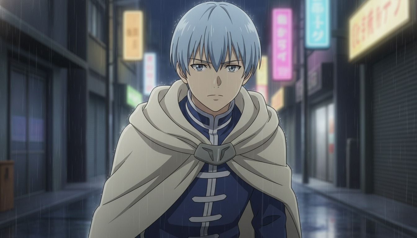 Low-angle medium close-up of a silver-haired anime swordsman in a rain alley, jaw set and eyes narrowed, dramatic perspective from below