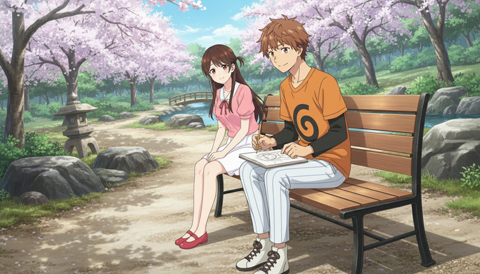 Two anime characters sitting together on a bench under cherry blossom trees, one sketching character designs in a notebook while the other watches — a scene from an indie anime series in development