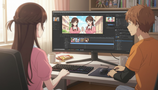 Two anime characters collaborating at a desk in front of a large monitor showing anime video production software with character clips and a timeline — creating scenes for an AI anime series